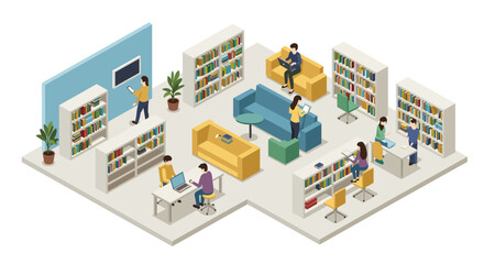 Isometric library scene with people reading and working in a modern interior