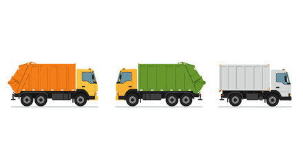 Colorful set of urban recycling trucks in row - waste management vehicles side view