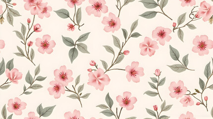 Floral Pattern with Pink Flowers and Green Leaves on Light Background