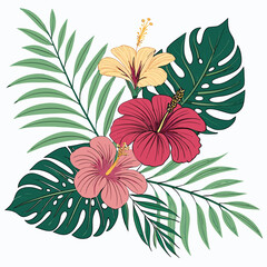 Tropical Hibiscus Flowers and Palm Leaves Vector Illustration
