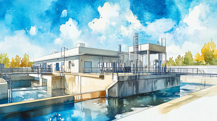 Naklejka premium Detailed Watercolor of a Modern Wastewater Treatment Facility