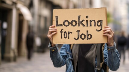 Unemployed person holding a Looking for Job sign with hopeful expression, natural daylight, urban city background.