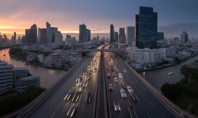 Obraz premium City highway at twilight. Sunset over busy urban landscape