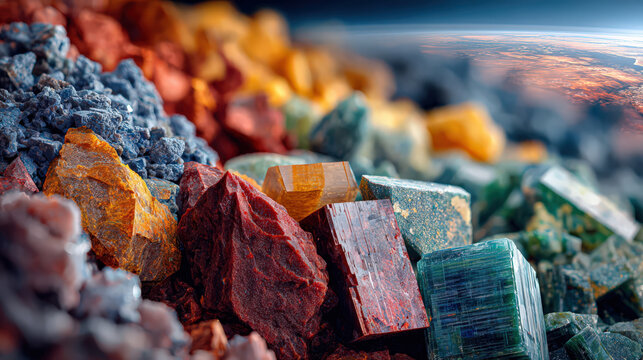 Collection of colorful rare earth minerals, including red, orange, and green crystals, is displayed against blurred background resembling planetary horizon. These minerals are critical resources