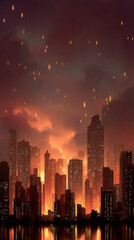 City skyline with a storm in the background. The sky is dark and the rain is falling. Scene is ominous and foreboding