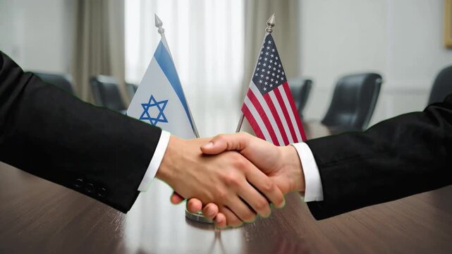 Professional handshake between business leaders symbolizing a strong alliance and partnership between Israel and the USA in a modern meeting room.