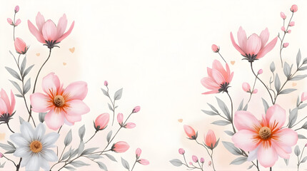 Fototapeta premium Floral Watercolor Border with Pink and Gray Flowers for Spring