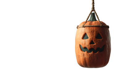 Pumpkin hanging like punching bag in gym, glowing carved face, isolated on white
