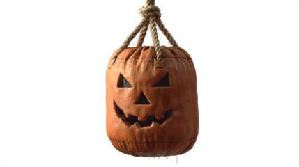 Pumpkin hanging like punching bag in gym, glowing carved face, isolated on white