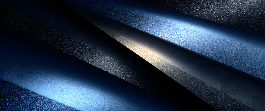 Black gray blue abstract modern background for design. Dark. Geometric shape. 3d effect. Diagonal lines, stripes. Triangles. Gradient. Light, glow. Metallic sheen. Minimal. Web banner. Wide. Panoramic