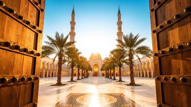 Entering Beautiful Mosque In Sharjah United Arab Emirates During Early Morning Light Through Giant Wood Doors