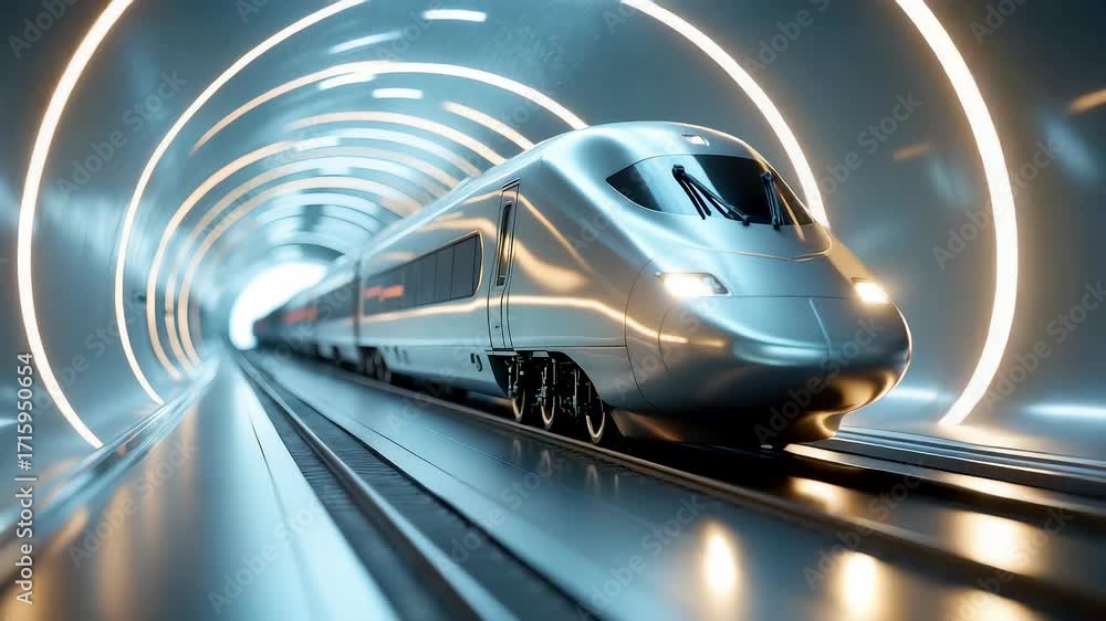 Poster high speed silver bullet train moving through illuminated tunnel with glowing circular lights and sl