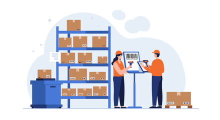 Warehouse team scanning barcodes for inventory management in flat design