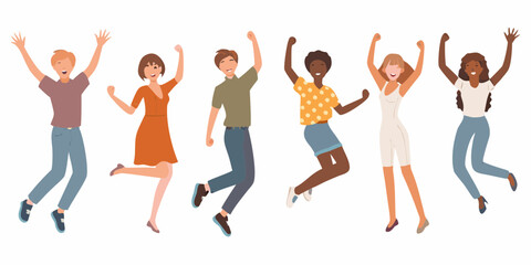 Diverse group of happy people jumping and celebrating together with raised arms and joyful expressions