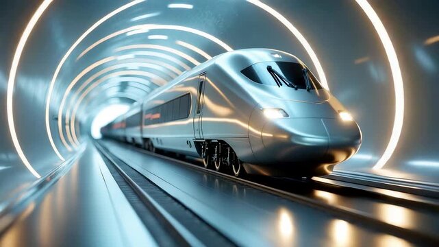 High speed silver bullet train moving through illuminated tunnel with glowing circular lights and sleek modern design on futuristic railway track