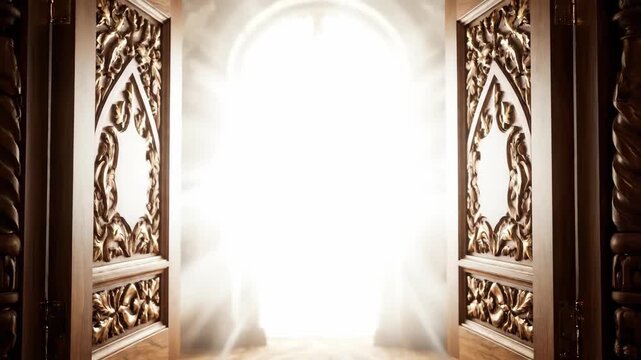 Elaborate Carved Wooden Double Doors Slightly Ajar Allowing a Sliver of Light to Shine Through in Dark Room