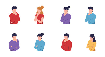 Diverse characters in isometric thoughtful poses on white background