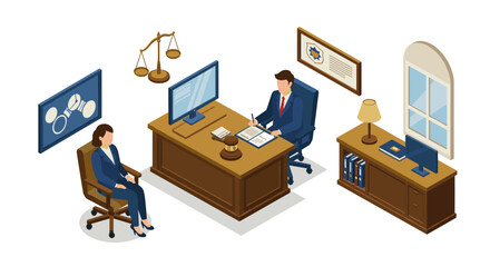 Isometric office scene with lawyer consulting client in legal environment