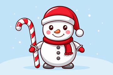 Cute Snowman Cartoon Character Holding Candy Cane for Christmas Celebration