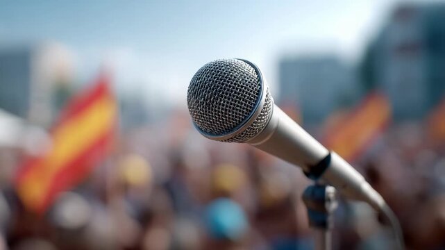 Passionate crowd waving spanish flags gathering near microphone, symbolizing democratic expression and civic engagement at political rally
