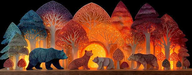 A colorful forest scene with bears and trees. The bears are in different sizes and colors, and they are all lit up. Scene is warm and inviting