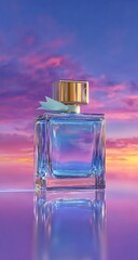 A light-blue perfume bottle,  square shape,  golden cap,  against a vibrant sunset