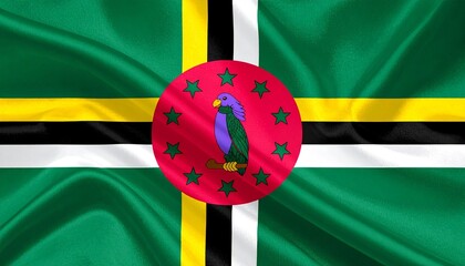 Dominica flag with Sisserou parrot and ten stars on green cross design