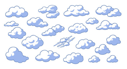 Obraz premium Cartoon style blue clouds collection on white background
