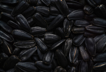 A close-up, high-angle view of a large pile of black sunflower seeds.