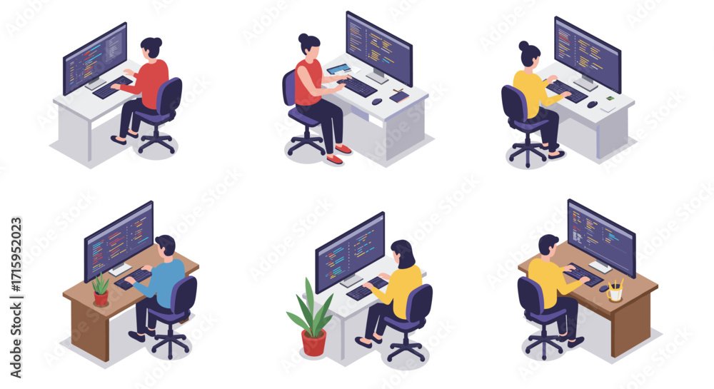 Wall mural isometric office workers coding at desks with computers and monitors