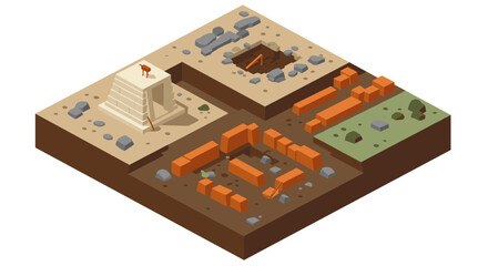 Obraz premium Isometric archaeological site with ancient ruins and excavation zones