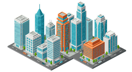 Modern isometric cityscape with high-rise buildings and streets