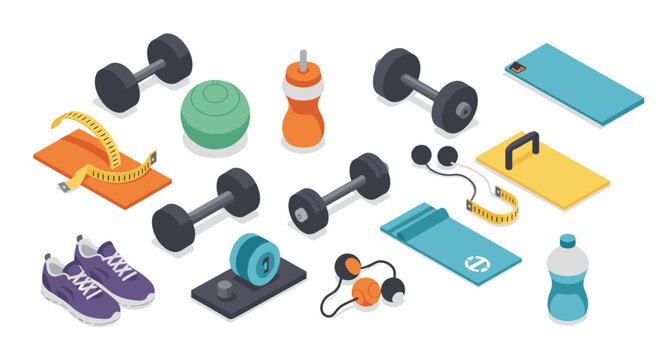 Isometric fitness equipment set featuring dumbbells, yoga mat, and sports accessories for home workout - Powered by Adobe