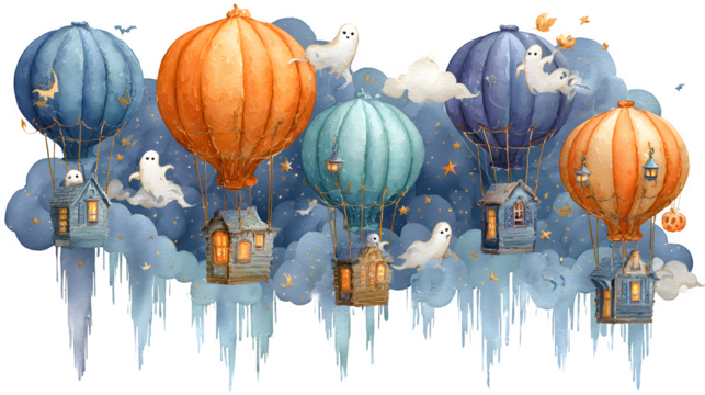 Pumpkin hot-air balloons floating in starry night, ghosts waving from baskets, isolated on white background