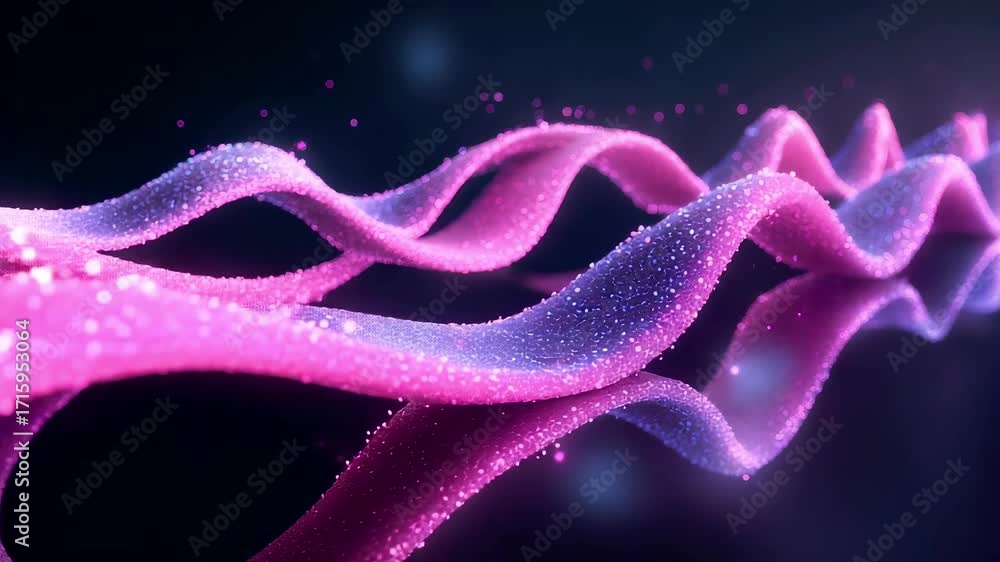 Poster glowing pink digital waves with sparkling particles flowing across reflective surface in abstract ne