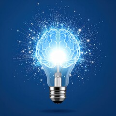 A lightbulb with a glowing brain inside, surrounded by radiating light and energy particles on a blue background, symbolizing innovation and intelligence.