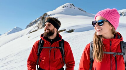 Happy couple hiking in snowy mountains enjoying winter exploration with backpacks under bright sunlight.
