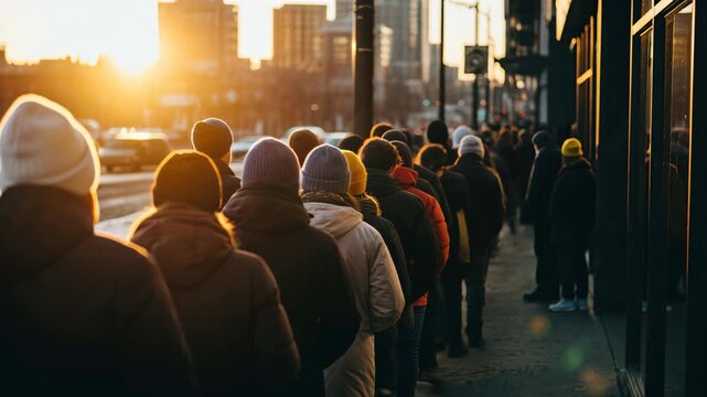 Group of people waiting in a long line outdoors during winter at sunset in an urban city street scene.