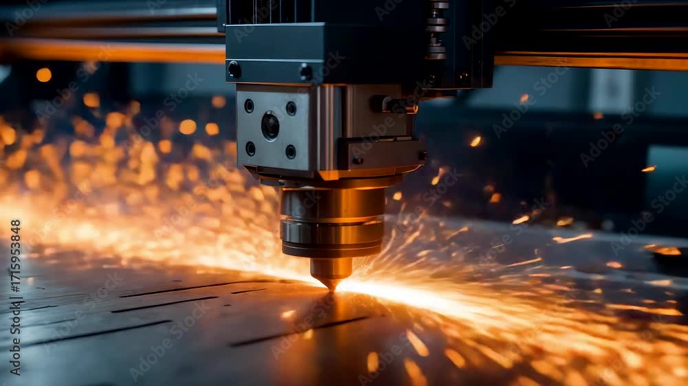 Aufkleber industrial laser cutting machine creating sparks while processing sheet metal surface in high precis
