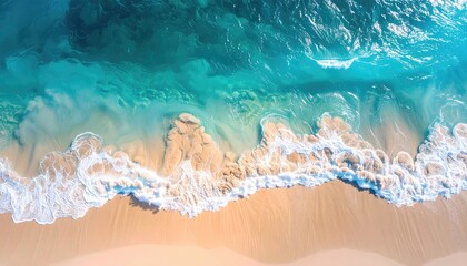 Obraz premium Aerial View of Turquoise Ocean Waves Crashing on Sandy Beach with Sparkling Sunlit Water