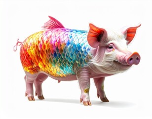 Fototapeta premium Whimsical pig with iridescent scales stands proudly against a white backdrop, showcasing vibrant colors and a fantastical, dreamlike quality.