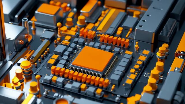 High detail electronic motherboard with central processor chip surrounded by capacitors, circuits, and components in orange and gray industrial design