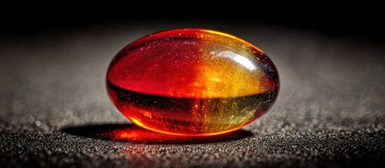 Close-up of golden, translucent oval object on textured dark surface