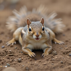 Obraz premium Funny Photo of a Squirrel Laying on its Belly in the Dirt, on a Hot Summer Day in the American South