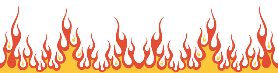 Red and yellow stylized flames with smooth, curving lines arranged in a continuous horizontal pattern. 