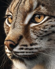 Hyper realistic close up of lynx face with tufted ears spotted fur and piercing golden eyes in sharp wildlife detail