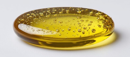 Golden droplet on white surface, filled with tiny air bubbles, translucent
