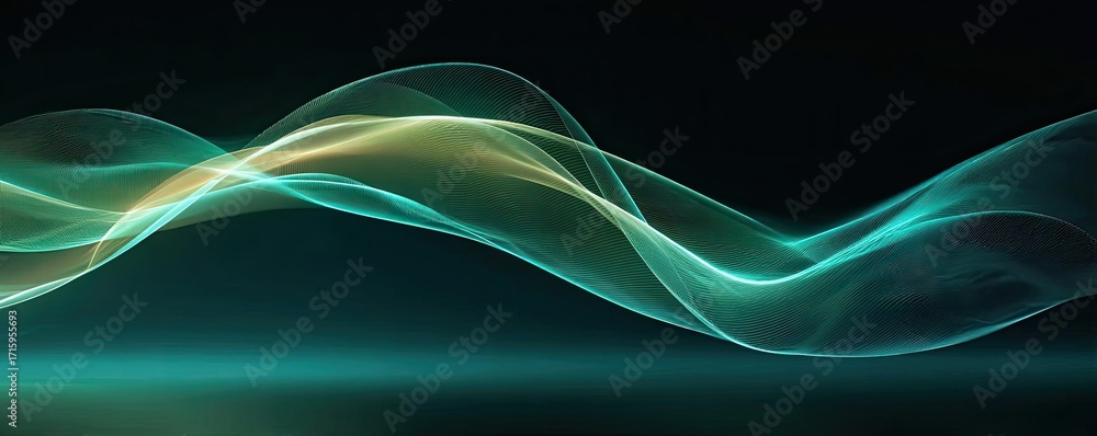 Poster glowing light blue and green lines background concept. elegant abstract wave design with flowing lin