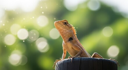 Close up shot of a brown lizard perched on a wooden post