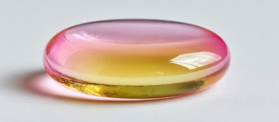 Pink, yellow, and amber gem, smooth and domed on a white background